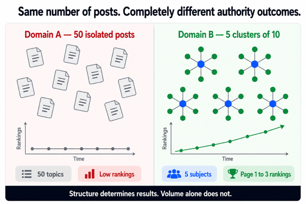 Both domains published fifty posts. Same effort. Very different outcomes. The difference is entirely structura