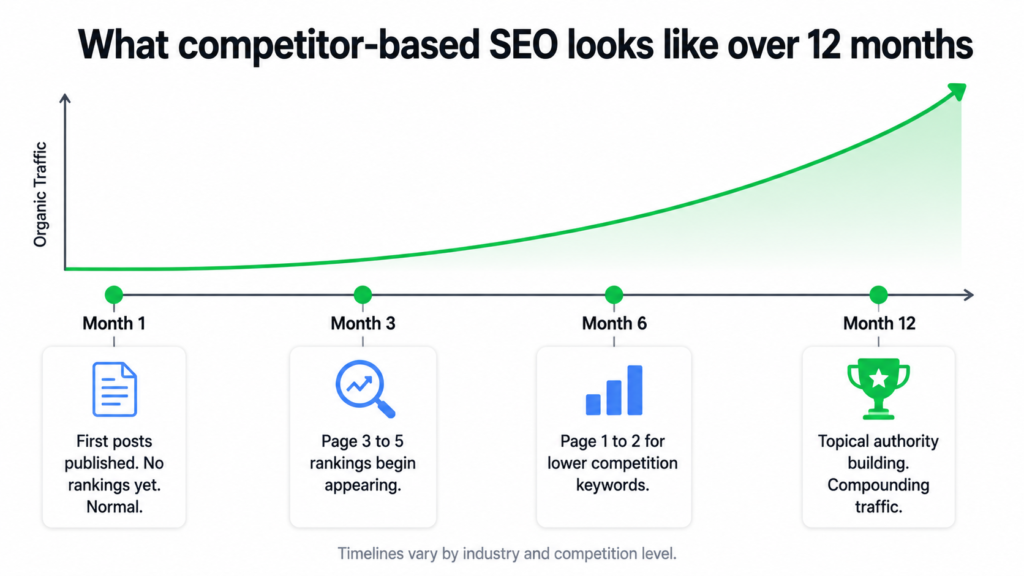 Rankings that start on page three in month four often move to page one by month ten as that authority builds.