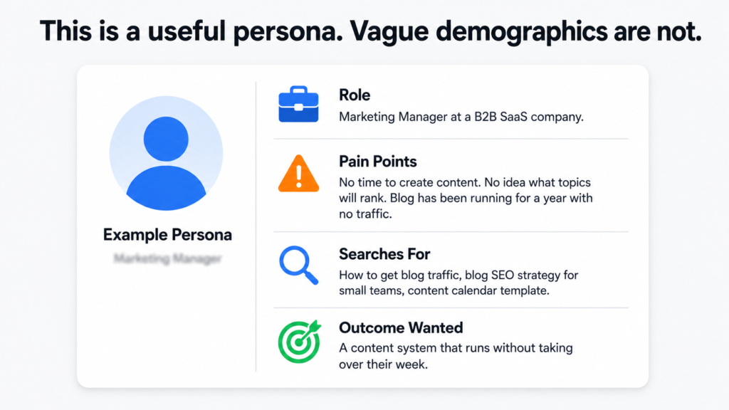 A useful persona includes the specific frustrations, the exact questions they type into Google, and the outcomes they are trying to reach.