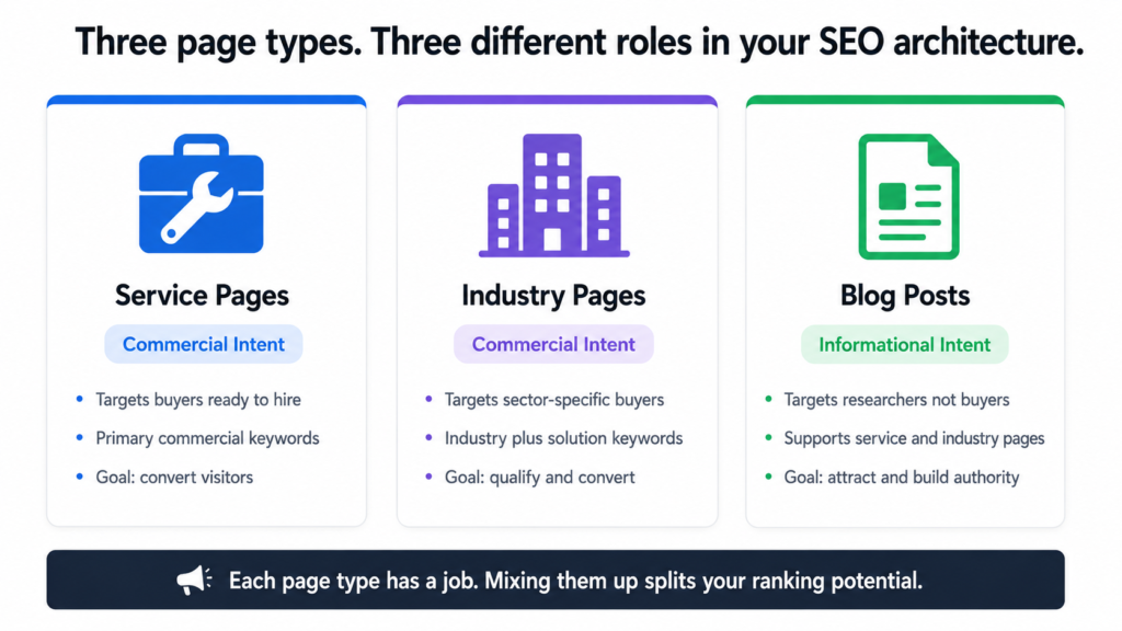 The blog content feeds authority to the service and industry pages. The pages convert. The blog attracts.